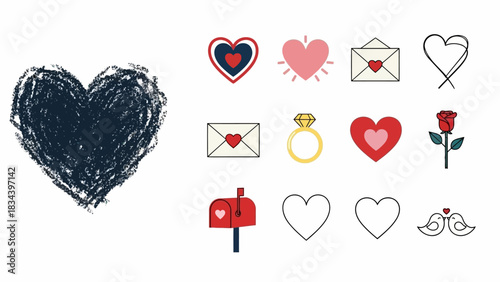Assortment of Valentine's Day Themed Icons Featuring Hearts, Envelopes, and a Rose love romance