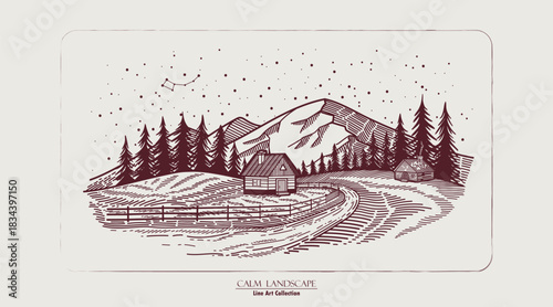Starry Night in the Mountains. Forest cabin behind fence. Vector line illustration of mountain range, wooden house, pine trees and starry sky with constellations