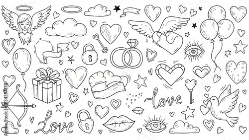Hand-drawn Valentine's Day Doodle Elements and Symbols Black and White love heart