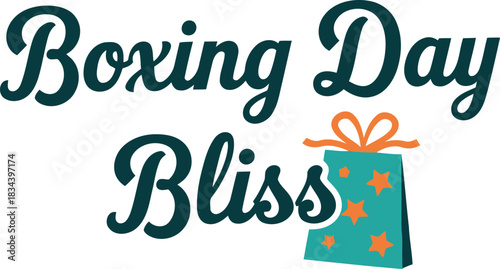 Boxing day bliss text with festive gift box illustration celebrating post christmas shopping and sale excitement