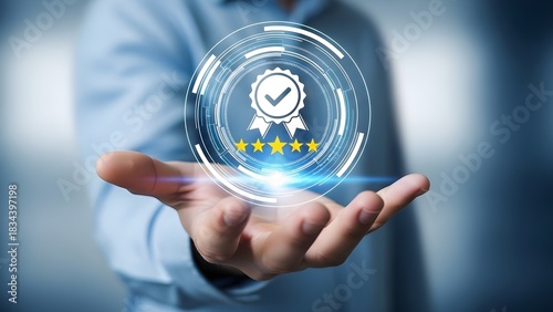 Businessman's hand holding a glowing digital icon representing quality assurance, certification, and five-star service.