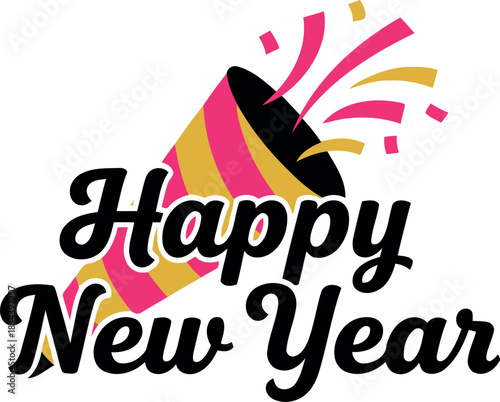 Festive happy new year text with a bursting party popper and colorful confetti celebrating the start of the year
