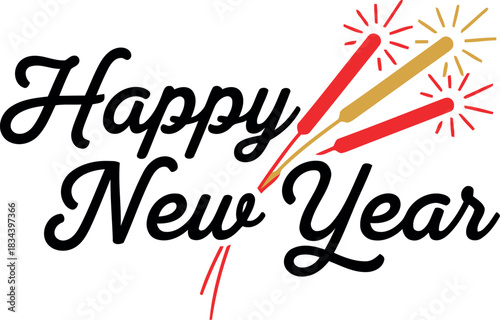 Festive happy new year text with sparkling fireworks and celebratory confetti on a clean white background
