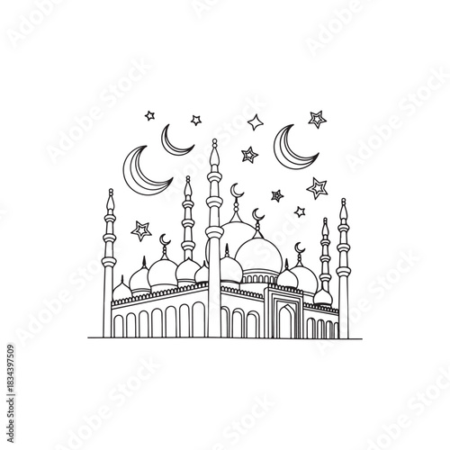 a detailed black and white line drawing depicts a mosque with minarets crescent moons and stars showcasing islamic architecture