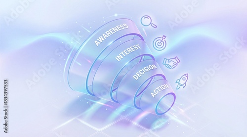 Pastel marketing funnel stages glow, show funnel from awareness to action, funnel illustration on holographic background for sales journey, conversion path, digital marketing concept