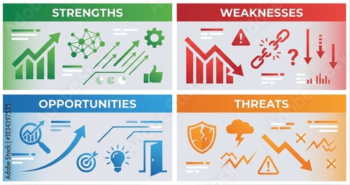 Swot analysis infographic shows strengths weaknesses opportunities threats in colorful quadrants, swot chart for strategic planning, swot tool for business growth concept, modern flat style