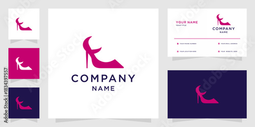 Elegant High Heel Shoes Letter E Logo Design with Business Card Mockup