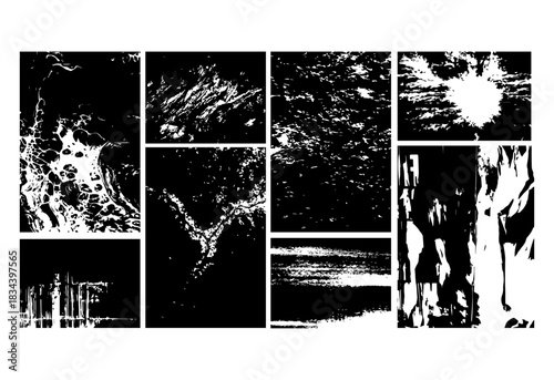 High-Contrast Grunge Ink Texture Set – Abstract Black and White Distressed Backgrounds, Noise Patterns, Splash Effects, and Rough Surface Textures