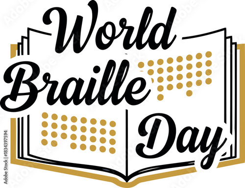 World braille day celebration with an open book featuring braille text and festive decorative elements