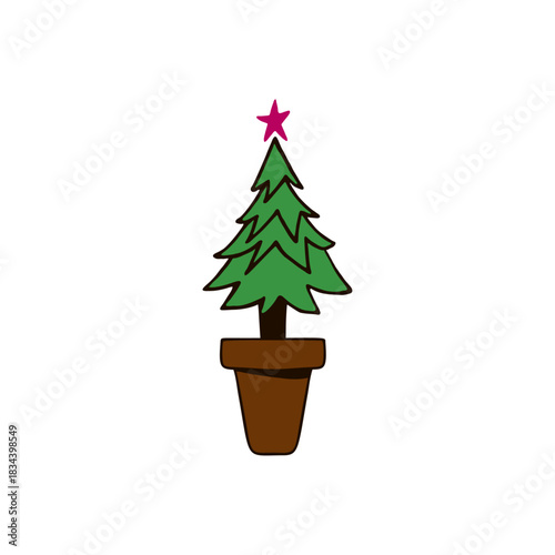 Vector illustration with hand drawn Christmas tree in a pot. Design element for creating holiday greeting cards, promoting winter events, setting a seasonal mood, social media posts.
