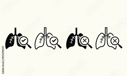 A set of lung icons featuring medical checkmarks, designed in a clean outline style. Suitable for medical diagnostics, lung health, and respiratory care themes.