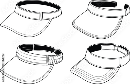 Set of sport visor caps line art illustration, adjustable sun hats design, summer headwear collection, fashion accessory vector isolated background