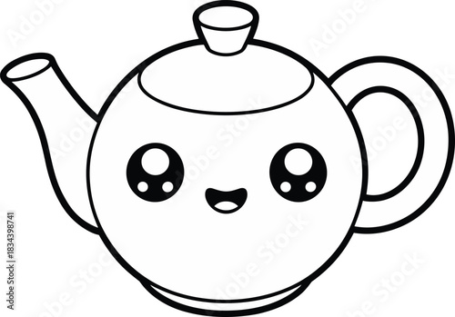 Cute teapot cartoon illustration, kawaii kitchen character design, smiling tea pot outline drawing, fun drinkware mascot vector isolated background