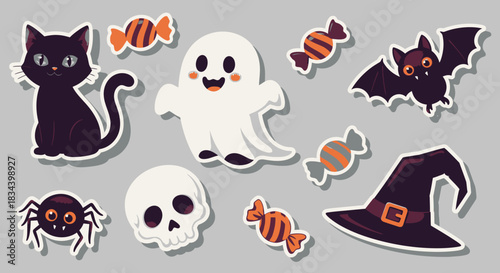 Fun Halloween Sticker Set Black Cat, Ghost, Bat, Spider, Skull, Treats & Witch Hat