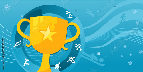 Golden trophy cup on blue winter sport   - banner, vector illustration background with empty space