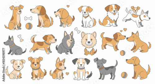 A delightful and diverse collection of cartoon dogs, featuring various breeds in playful poses and friendly interactions, illustrating the joy and companionship of beloved canine pets
