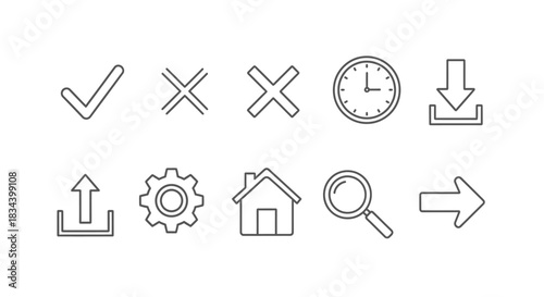 Collection of simple line icons representing common digital interface elements like checkmarks, crosses, clocks, and navigation symbols