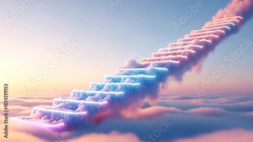 Dreamy cloud staircase ascending through pastel sunrise sky cinematic aerial footage.