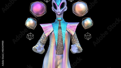 Alien Extraterrestrial Character: Futuristic Colorful Space Fantasy with Cosmic Design and Mystical Attire in Science Fiction Digital Art