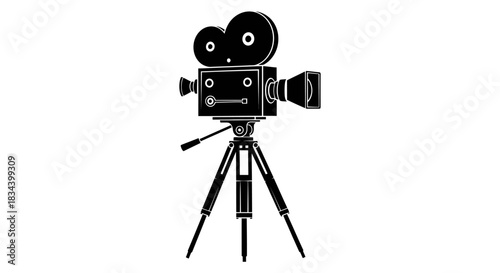 Vintage Movie Camera With Tripod Vector Illustration