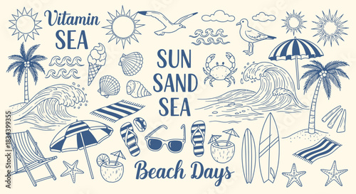 Summer Vibes A Delightful Collection of Beach Day Icons Featuring Sun, Sand, and Sea with Tropical Drinks and Palm Trees