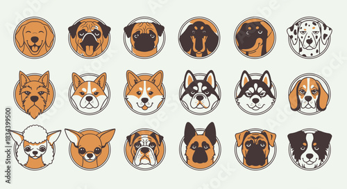 A Comprehensive Collection of Stylized Dog Breed Avatar Icons, Featuring Diverse Canine Faces for Pet-Related Graphics and Digital Design Projects