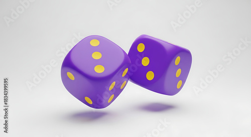 Two purple dice floating against a white background