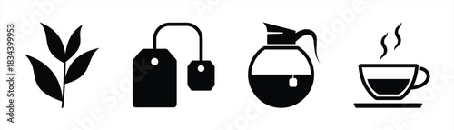 Tea Leaves, Teabags, Kettle, and Cup Icon Set