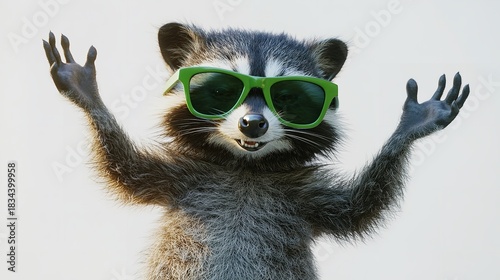A raccoon wearing green sunglasses with its arms raised against a plain white background looking forward
