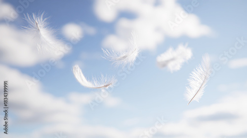 Soft white feathers floating in the air against a blue sky with fluffy clouds and cloud dancer color tones