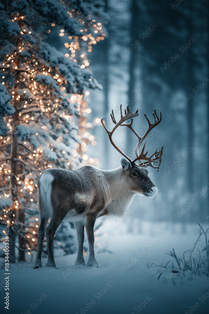 Naklejka premium Reindeer standing in snowy forest with magical Christmas lights. Reindeer standing in deep snow, illuminated by magical Christmas lights in a winter forest