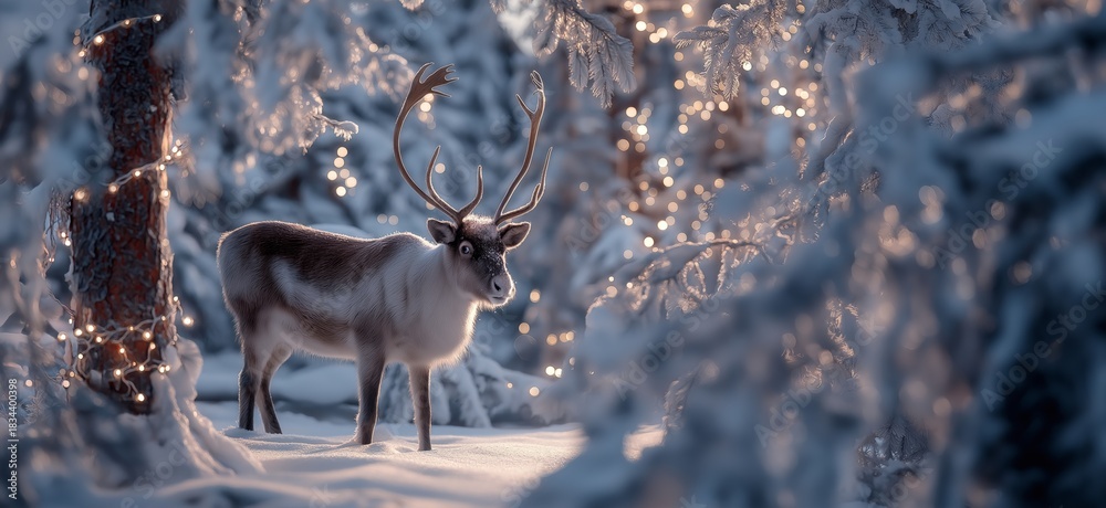 Naklejka premium Reindeer standing in snowy forest with magical Christmas lights. Reindeer standing in deep snow, illuminated by magical Christmas lights in a winter forest