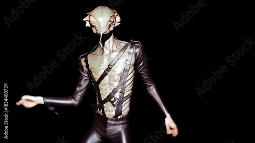 Alien Sci-Fi Costume Performance Art: Avant-Garde Fantasy and Surreal Humanoid Character Design in a Dark, Futuristic Setting