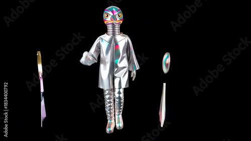 Futuristic Robotic Design: Shiny Metallic AI Character in Space-Themed Fashion with 3D Modeling and Multicolored Headgear