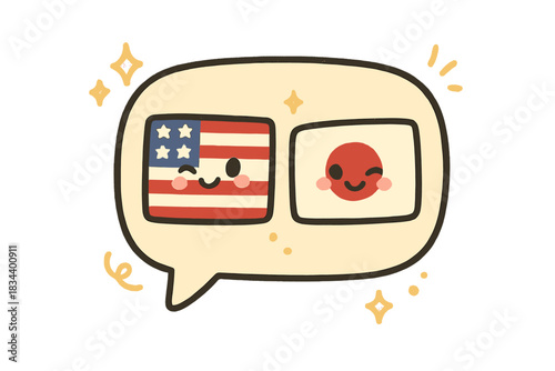 Playful Flags Exchange. A friendly "cultural exchange" speech bubble with two winking flags inside, floating sparkles and cozy