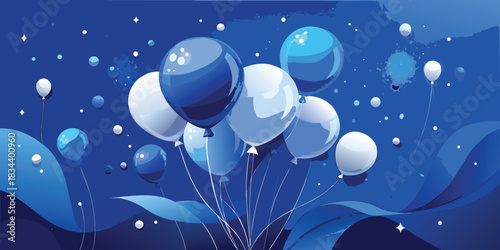 Blue balloons exploding from an open gift box with confetti and sparkles