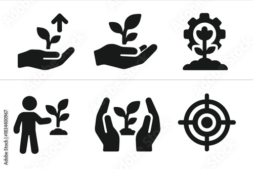 Evolution Motifs Icons. Solid style icons of central evolution motifs: guided growth, nurtured development, cultivated progress,