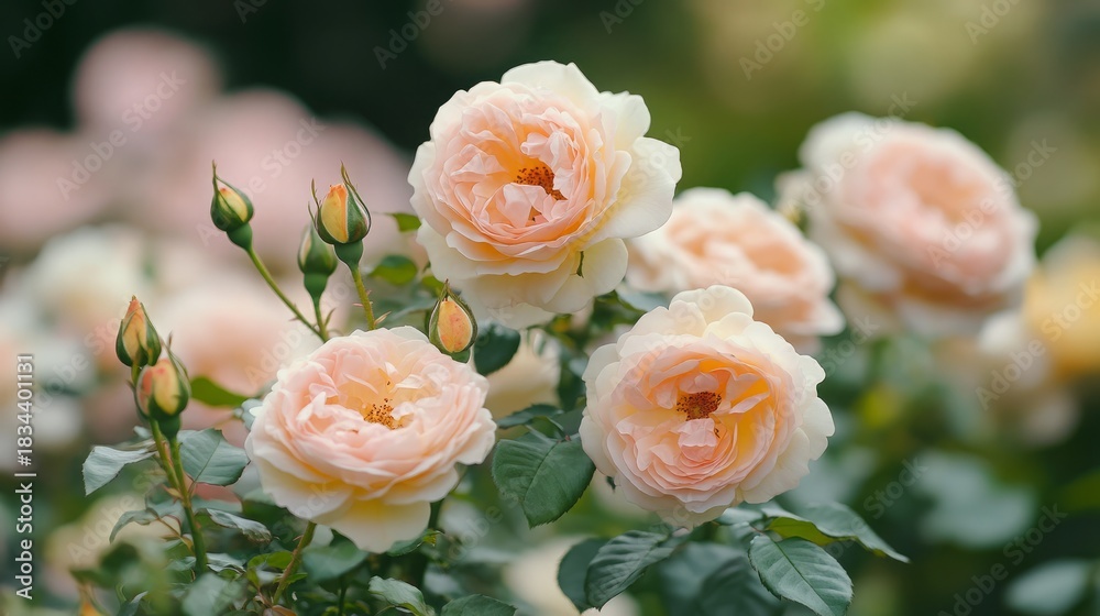 Obraz premium Delicate peachy pink roses blooming in a garden with soft focus background