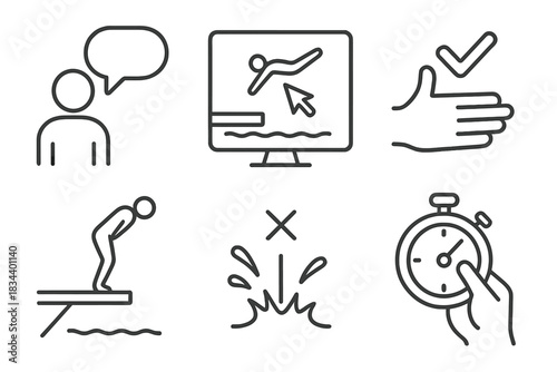Diving Coaching Icons. Line style icons of diving coaching and feedback: coach speech bubble icon, screen replay pointer, posture
