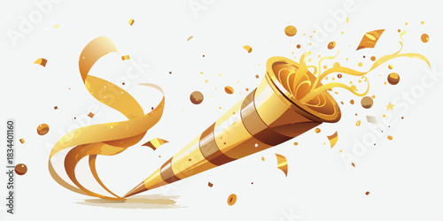 Golden party popper exploding with confetti and streamers celebrating a festive occasion