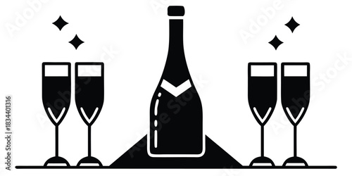 Champagne bottle and glasses with sparkles celebration illustration