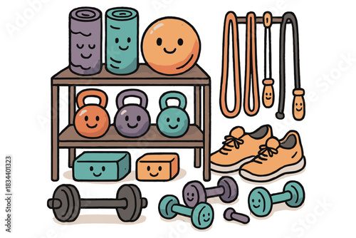 Colorful Home Gym Storage. Cute doodle infographic-style artwork of home gym storage solutions showing joyful equipment organized