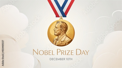 Nobel Prize Day – golden Nobel medal with red, white and blue ribbon on light background, December 10th