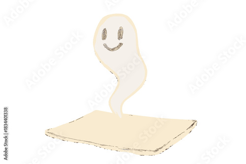 Spectral Ink Ghost. Charming doodle spectral ghost of faded ink rising gently from an old page, forming smiling letters in soft