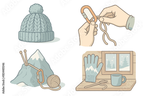 Adventure Knitting Icons. Isometric vector illustration set of adventure handcraft visuals: summit beanie in rugged knit texture,