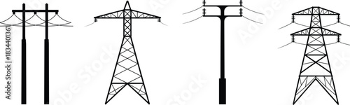 Collection of black silhouettes of different types of electricity pylons and poles power energy