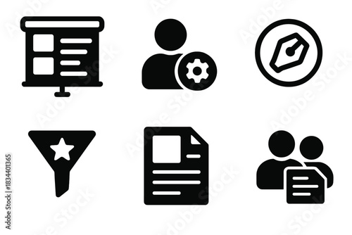 Crowdsourced Scriptwriting Icons. Line style icons of Crowdsourced Scriptwriting: project outline board, user access icon, shared