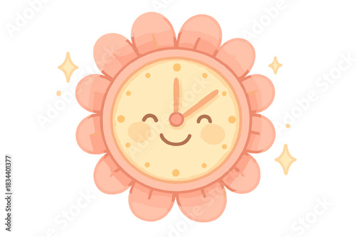 Smiling Petal Clock. A smiling clock with tiny unfolding petals and sparkles, soft rounded friendly shapes, pastel pink and yellow