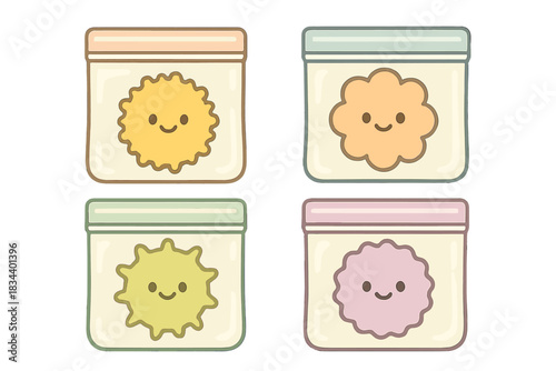 Cheerful Pollen Samples. Playful pollen samples in tiny labeled evidence bags with happy faces, gentle friendly colors, No text,