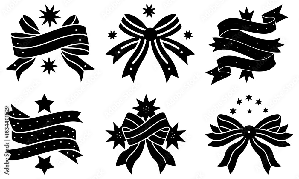 Fototapeta premium Festive ribbon banner collection with stars, elegant celebration designs for holidays and special occasions, perfect for invitations and decorations.